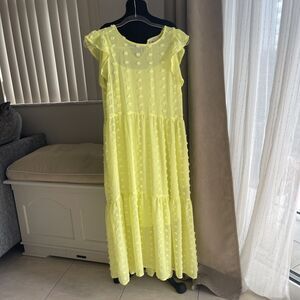 SO yellow Pom Pom Summer Dress Sheer Maxi Midi Tiered Ruffle Sleeve Fairycore M